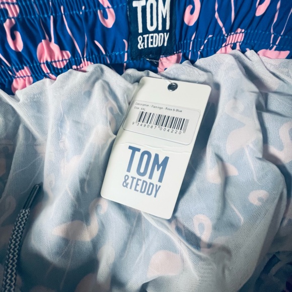 TOM & TEDDY Men Sz 2XL Flamingo Classic Swim Shorts Blue Pink UPF 50 NWT - Picture 7 of 10